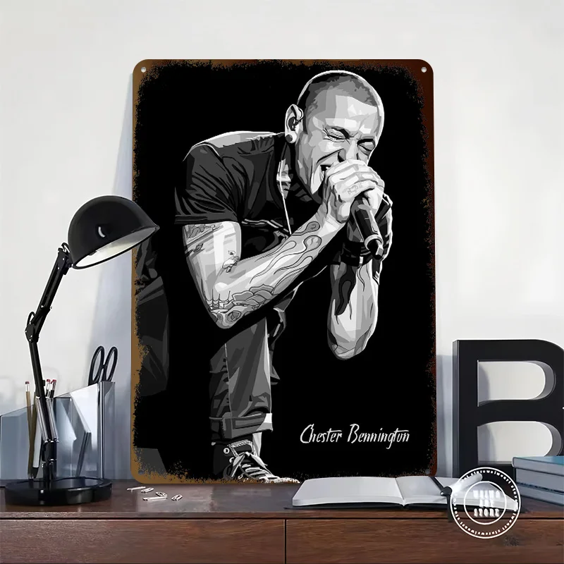 Chester Bennington Vector Portrait Metal Poster Customized Wall Art Retro Vintage Tinplate Signs for Man Cave Decor Room House