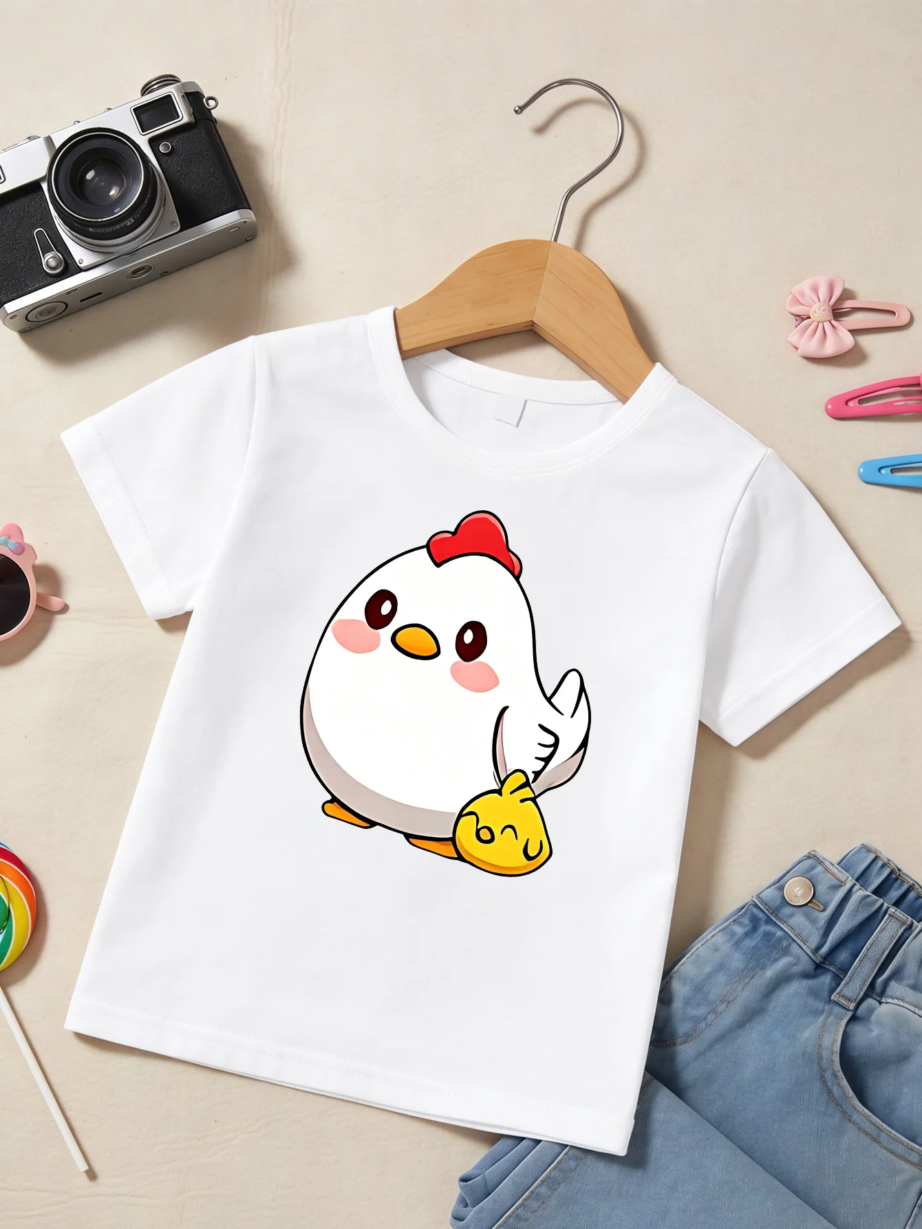 Cute White Chicken With Little Chick Cartoon Print T Shirt Boys Girls Lovely Short Sleeve Tee Family Matching Kids Cotton Tops