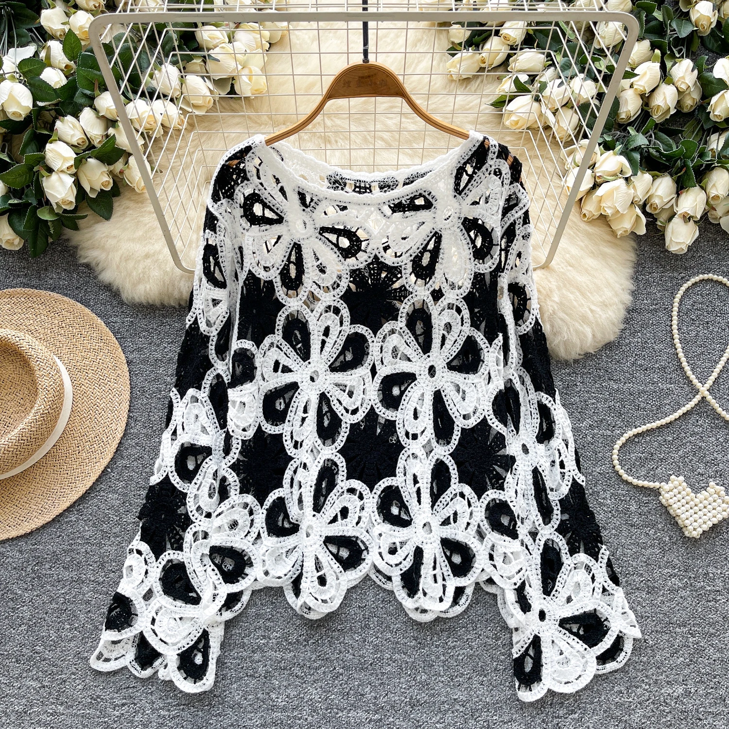 

Elegant Sexy long sleeve hollow out Knit O-Neck Top Women Korean Fashion High Street bohemian Autumn Clothing