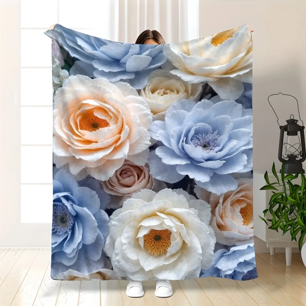 

Pastel Blue & Peach Floral Soft Throw Blanket: Elegant Peony Pattern Cozy Couch Cover for Serene Home Decor