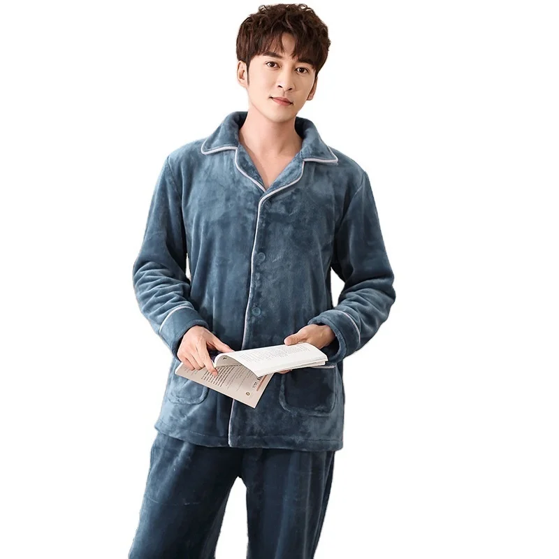 coral velvet pajamas men\'s autumn winter long sleeved cardigan lapel solid color flannel plush thickened warm home clothes