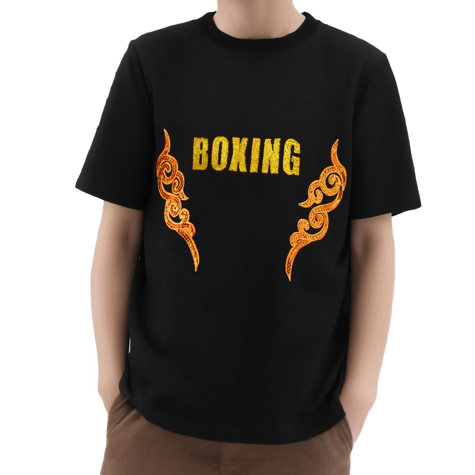 Kids Boys Boxing Outfit Crew Neck Sequin Shiny Letter Printed T-shirt with Shorts Robe And Belt Set for Halloween Cosplay Party