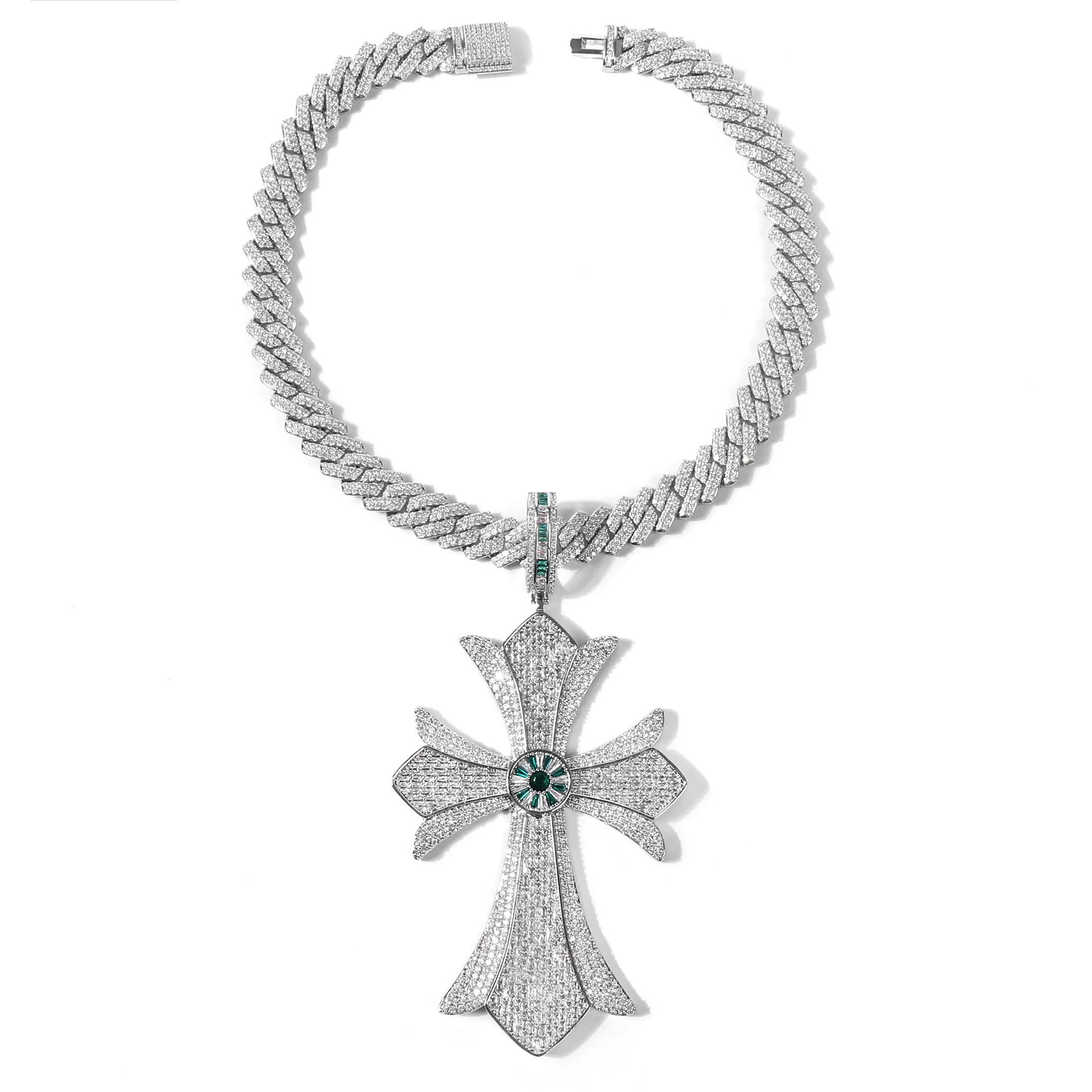 Silver Iced Out Cross Pendant Necklace Men Green Crystal Hip Hop Bling Cuban Chain Statement Jewelry