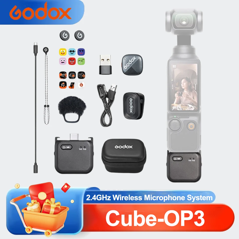Godox Cube-OP3 2.4 جيجا هرتز نظام ميكروفون لاسلكي 200 متر نقل الكمون المنخفض 10H عمر البطارية لـ DJI OSMO Pocket 3