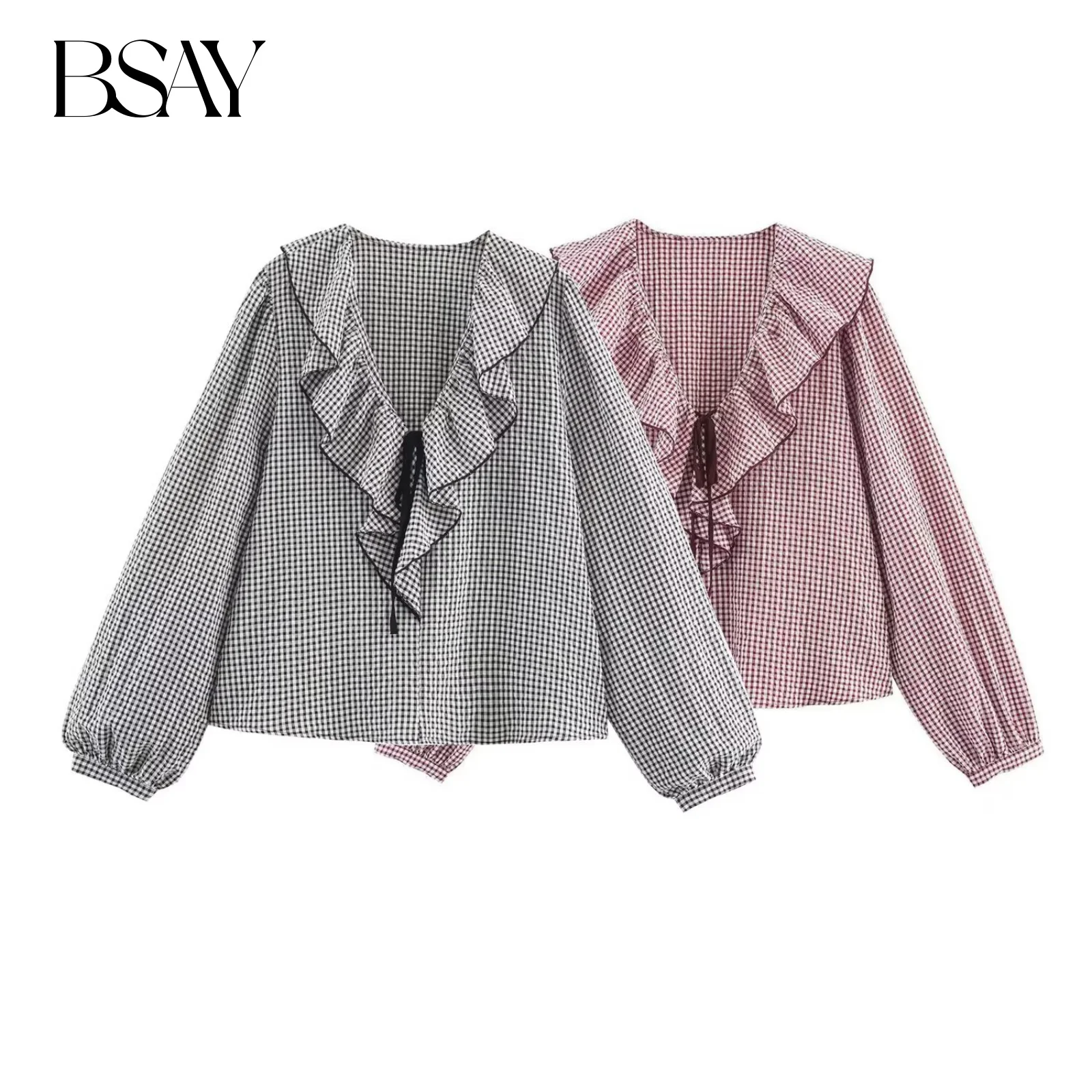

BSAY клетчатая рубашка с бантом, женская одежда, осень 2021, новые французские свободные блузки с v-образным вырезом и длинными рукавами, милые блузки с рюшами, шикарные женские топы Mujer