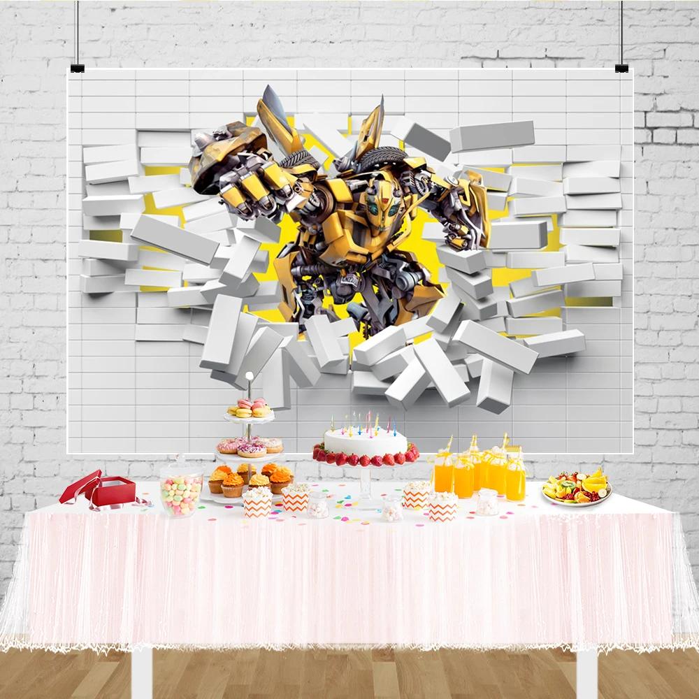 Bumblebee Transformer Backdrop Autobots Birthday Party Decorations for Boys Banner White Brick Wall Background Photography Props