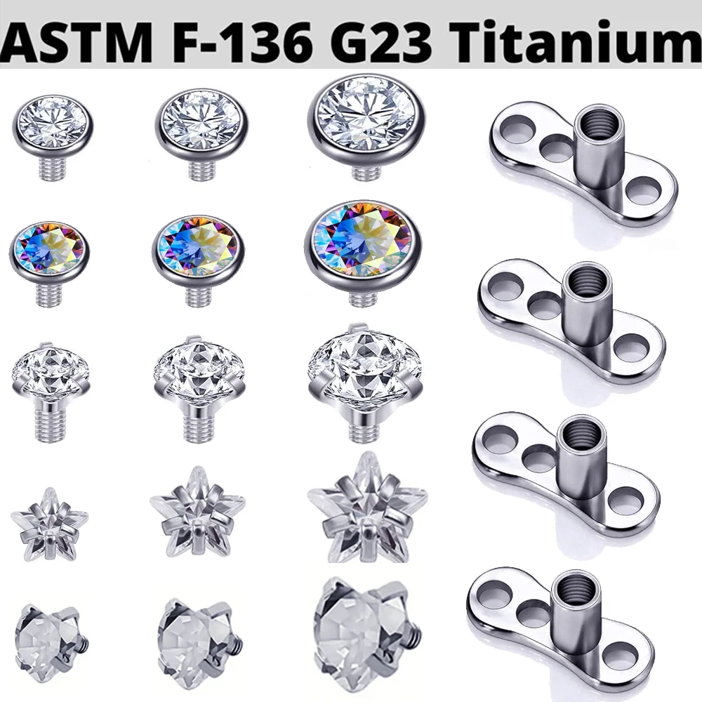 1PC 14G Grade 23 Titanium Dermal Tops and Dermal Base Internally Threaded Clear Star Heart Round Gem Top Piercing Jewelry