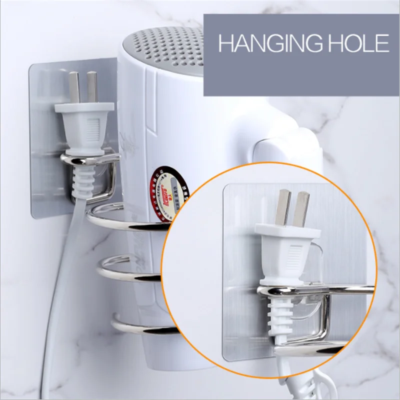 ผู้ถือเครื่องเป่าผม Blower Organizer กาวติดผนังเล็บฟรีไม่มีเจาะสแตนเลสเกลียวสําหรับห้องน้ํา