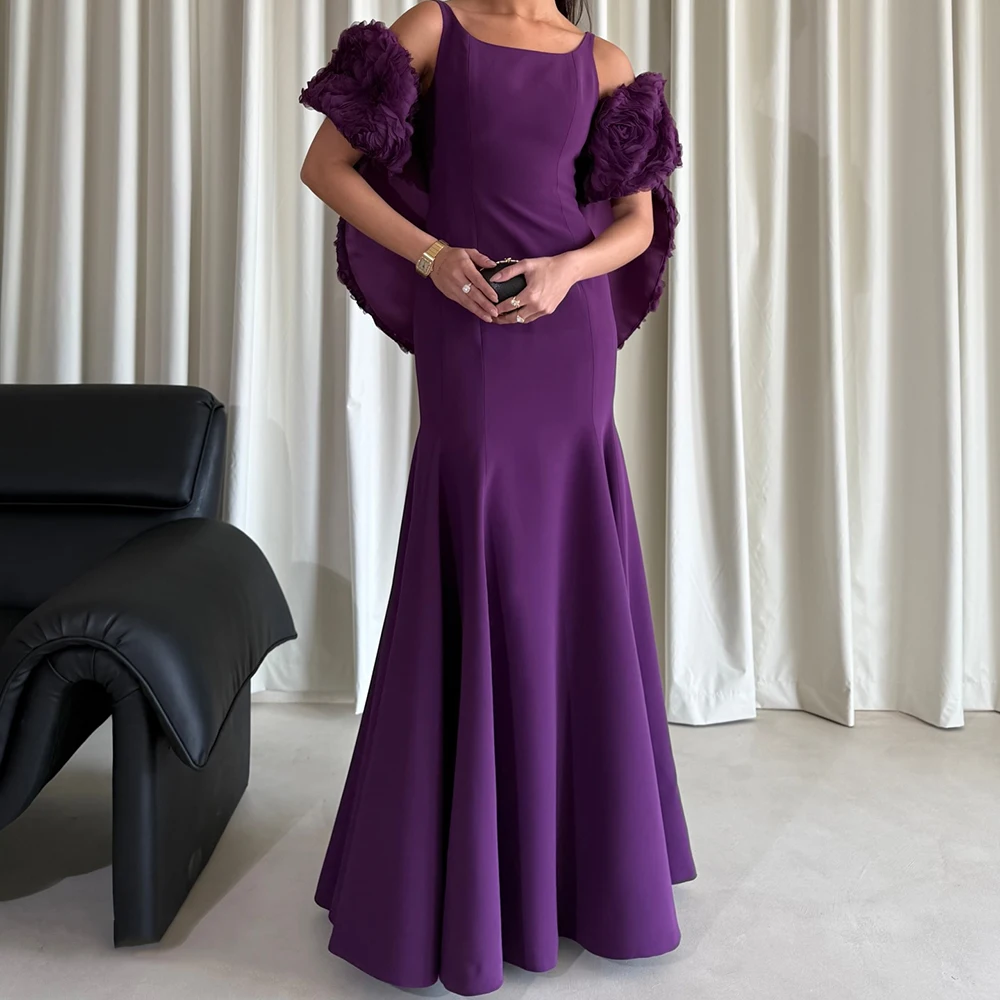 

Customized A-line Evening Dresses Ankle-length Scoop-neck Sleeveless Prom Gown Fashion Flowers Stole Simple Draped Party Gown