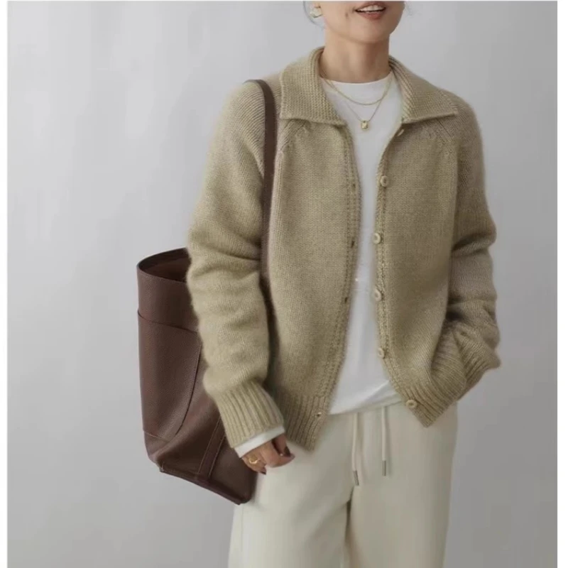 

New Release: 100% Merino Wool Knitted Sweater, Women's Flip Collar Cardigan, Casual Loose Tops Fashion Korean Women's Clothing