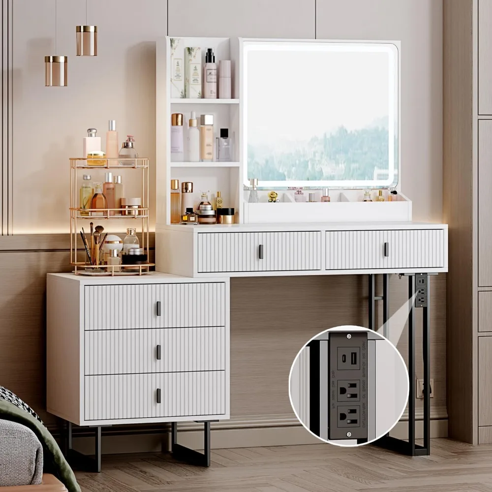 Large Vanity Desk with 3 Color Touch Screen Dimming Mirror, Vanity Desk with Charging Station, Modern Retractable Makeup