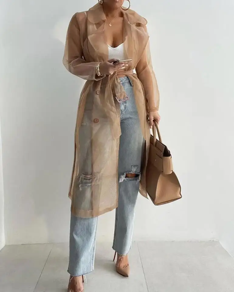 Manteau à manches longues en maille transparente pour femmes avec ceinture, manteau boutonné à lacets, chemises élégantes, cape élégante, streetwear, mode 2022