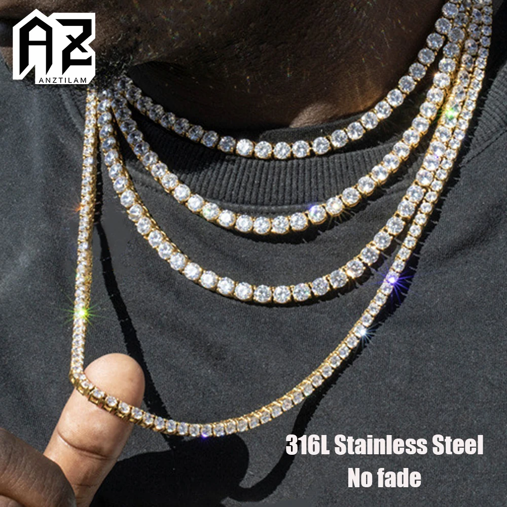 AZ 5mm 316L Stainless Steel Tennis Chain Necklace for Men Women Iced Out Necklaces With AAA Zircon Hip Hop Rapper Jewelry