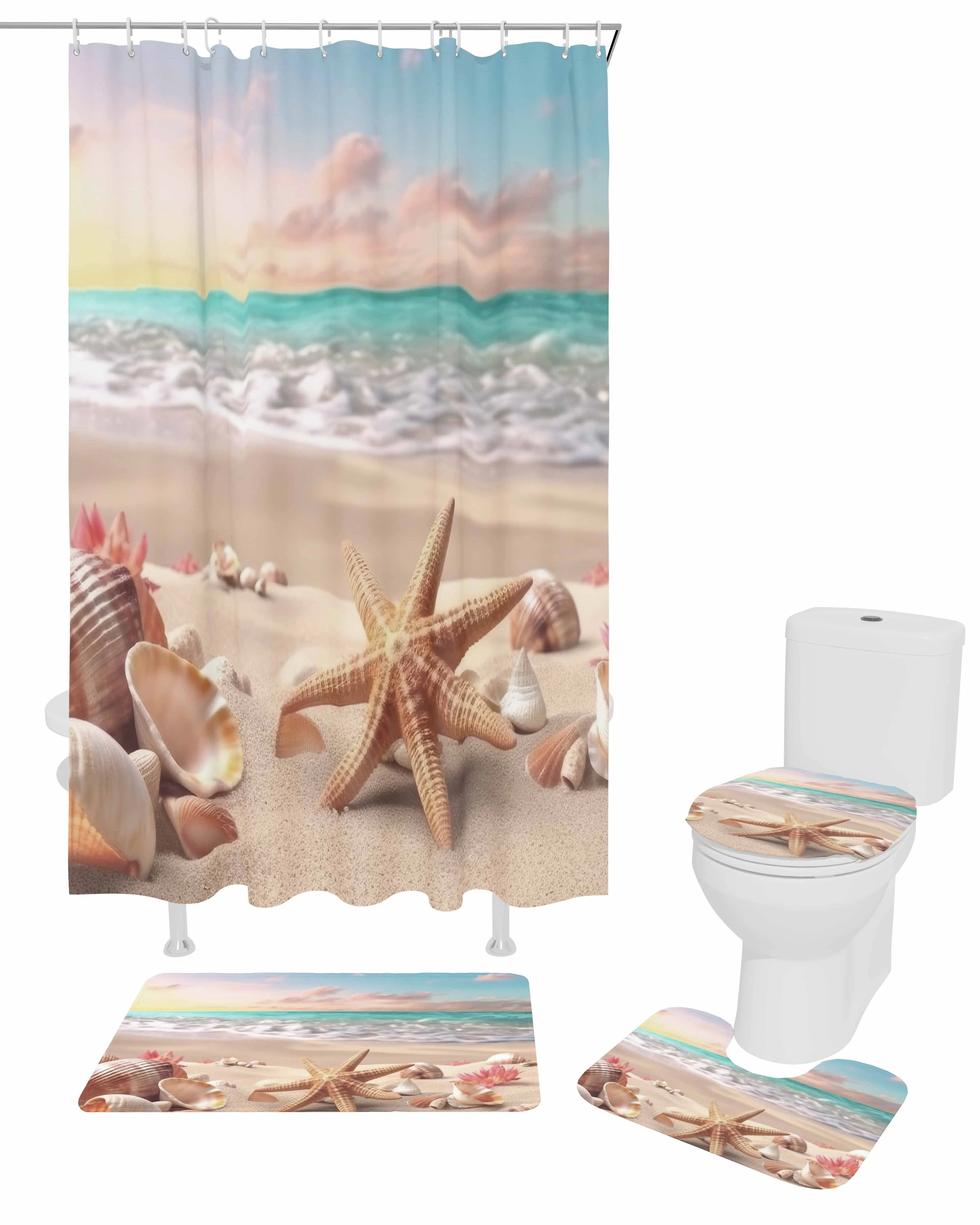 Summer Beach Starfish Shells Waves Shower Curtain Non-Slip Rugs Toilet Lid Cover and Bath Mat Bathroom Curtains with Hooks