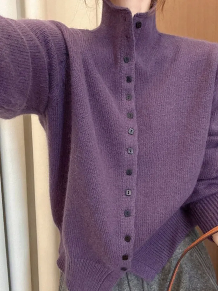 Ele Pure Color Strickpullover mit hohem Kragen und einem Knopf, lang, feenhaft, schlichtes Design, bequemes Oberbekleidungsoberteil