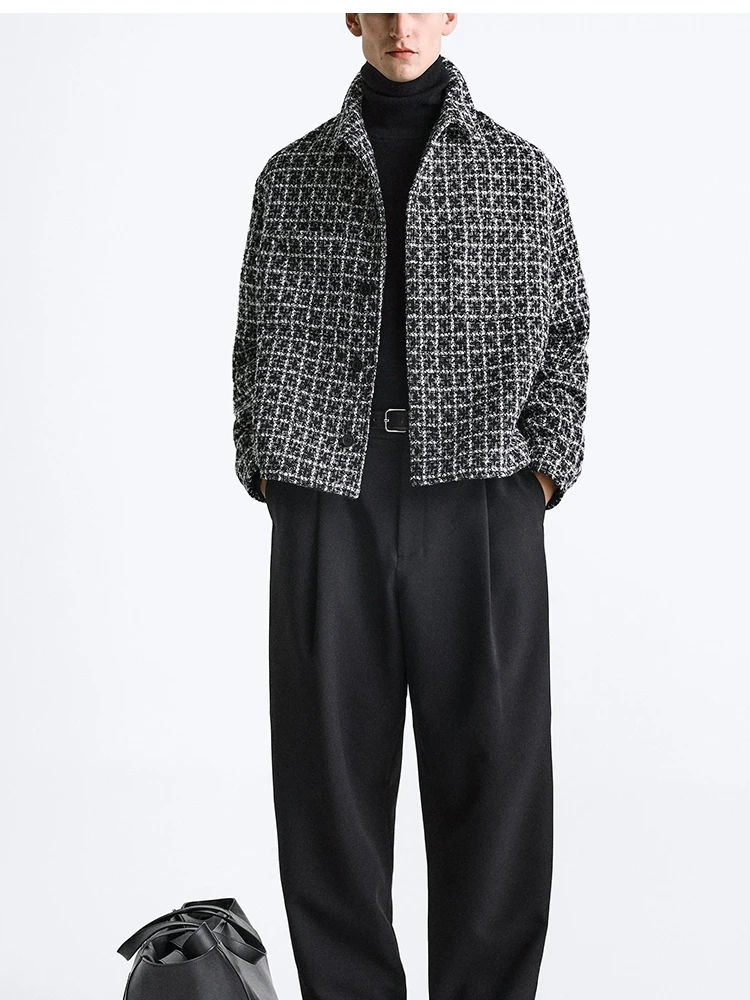 

Winter New Men's Plaid Texture irt Croed Bird Pattern Jaet Coat Stand Fit Long Sve American Sle Collar