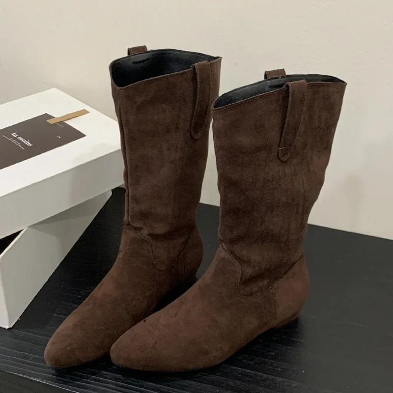 

NEW Pointed Toe Faux Suede Ankle Boots Women Stylish Low-Heel Flat Boots Fall/Winter Comfortable Women Shoes Brown Botas Mujer