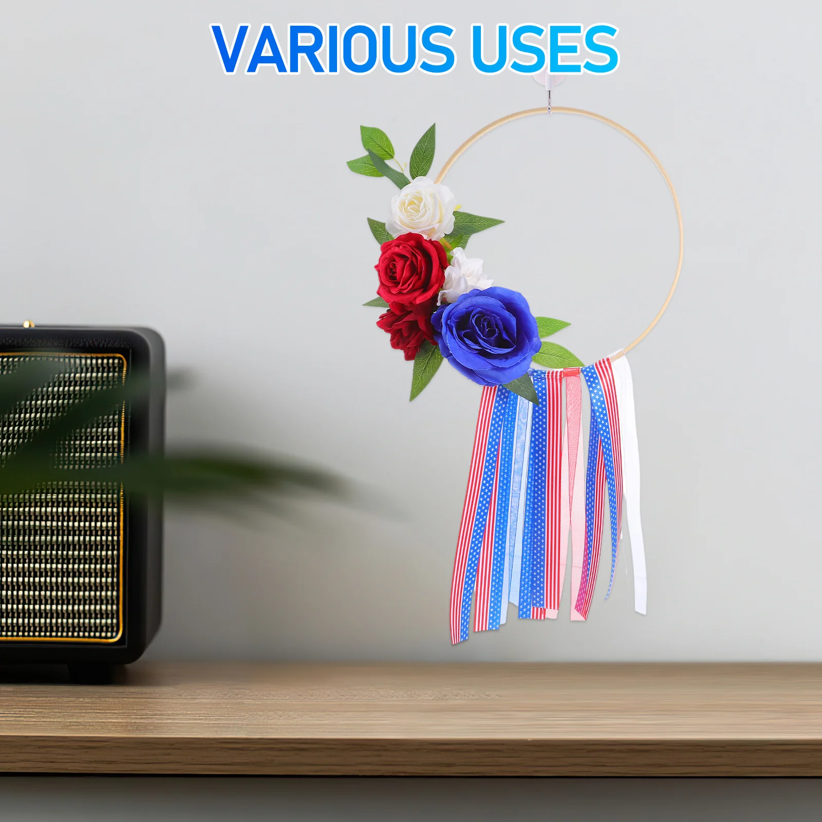 

Patriotic Independence Day Floral Wreath Red White Ring Hanging Ornament Front Door Wall Decor Memorial Day July 4th