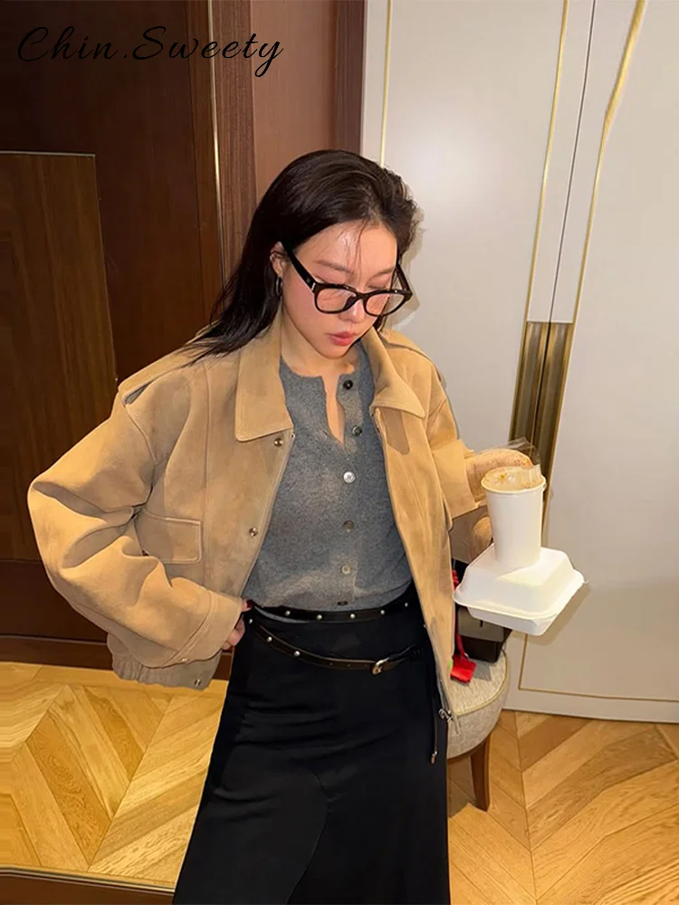 Chaqueta Bomber de ante con una hilera de botones para mujer, abrigo holgado con solapa y bolsillos de manga larga, prendas de vestir elegantes para ir al trabajo para otoño 2025