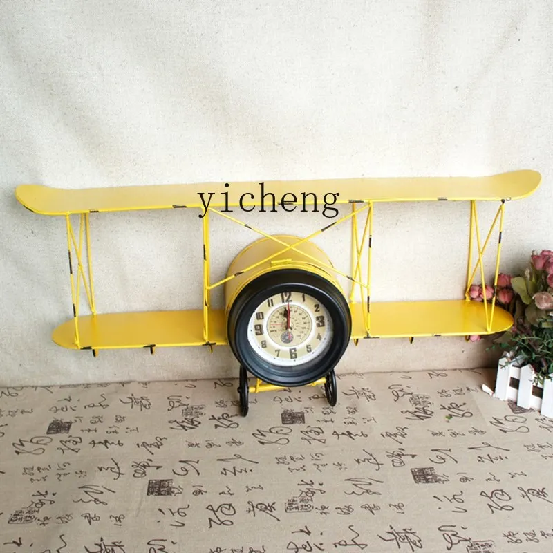 

ZYA Vintage Airplane Model Storage Rack Wall-Mounted Propeller Clock Creative Iron Wall Decoration