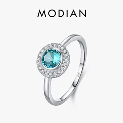 MODIAN 925 Sterling Silver Round Paraiba Color Cubic Zirconia Finger Rings Classic Stackable Band Ring For Women Jewelry Gift