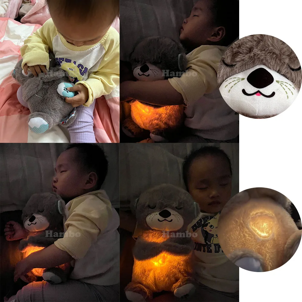 Breathing Otter Plush Soothing Bear Baby Sleep Snuggle Buddy Teddy White Noise Music Sleeping Sound Light Rhythmic Doll Toy Gift