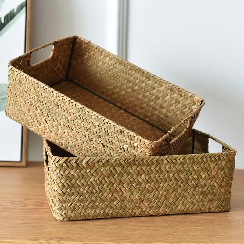 Straw Braided Rectangular Storage Basket Organizing Basket Box Braided Bamboo