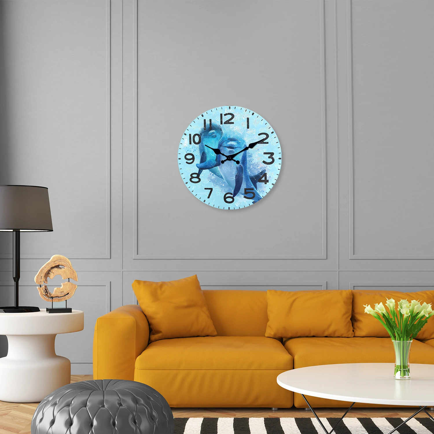 Personalized Blue Dolphin Pattern Wooden Wall Clock for Living Room, Bedroom, Kitchen, Home Decoration, Silent Quartz Clock, Holiday Gift, 10 Inches, 12 Inches, 14inch, 16inch (Battery Not Included)