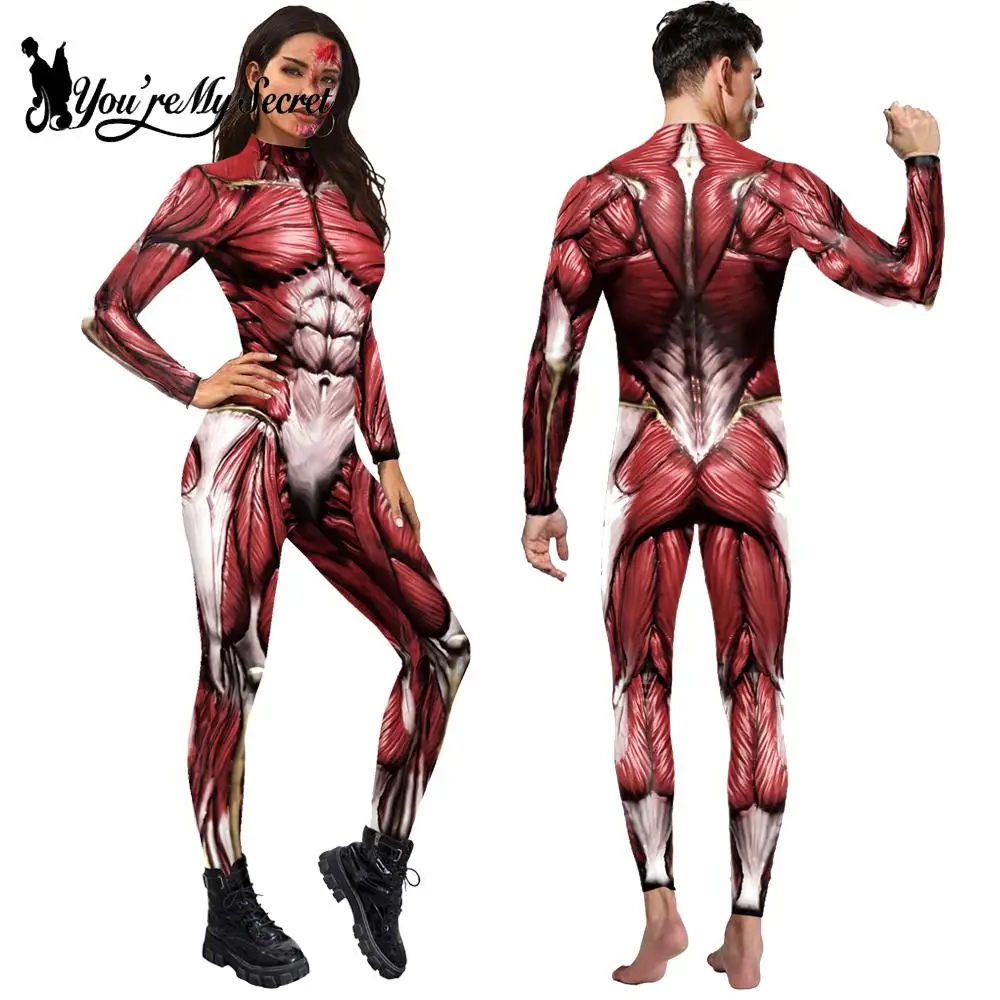 [Sie sind Mein Geheimnis] Halloween Scary Cosplay Frauen Männer 3D Muskel Gedruckt Overall Party Karneval Scary Kostüm Lustige schlank Bodysuit