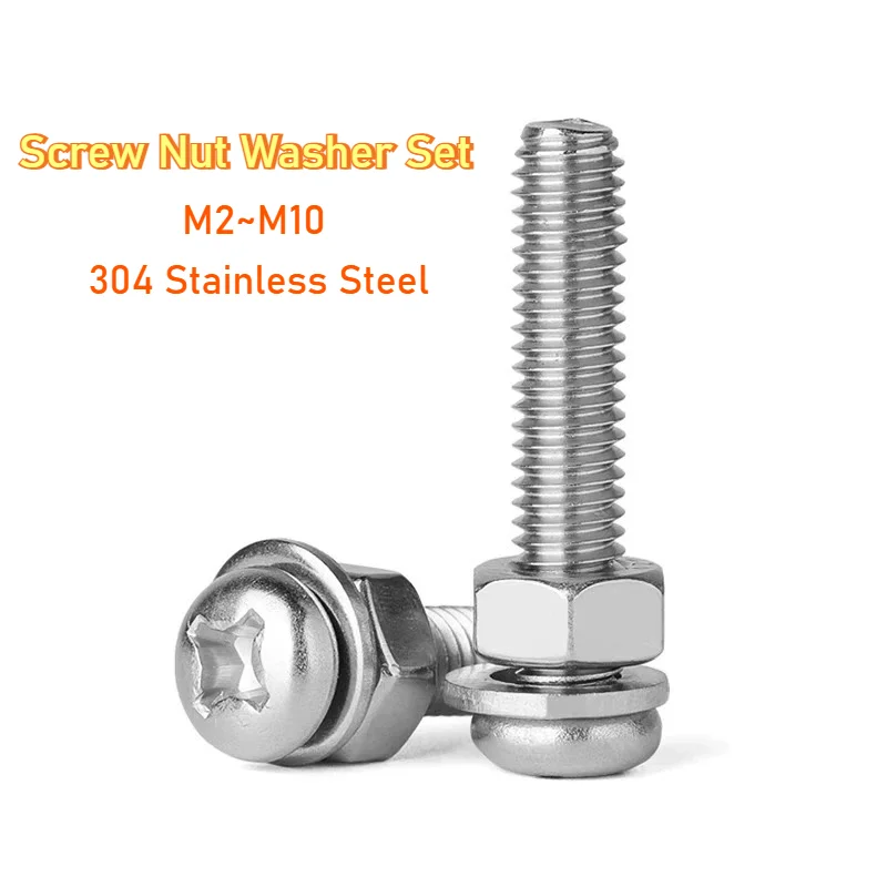 304 Stainless Steel Phillips Pan Head Screw Combination M2 M2.5 M3 M4 M5 M6 M8 M10 Screw Nut Washer Set Round Head Cross Bolts