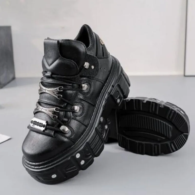 

Punk Style Women Black Shoes Rock Metal Decor Lace-up Heel Height Platform Shoes Gothic Man Sneakers Women Ankle Boots 2026 New