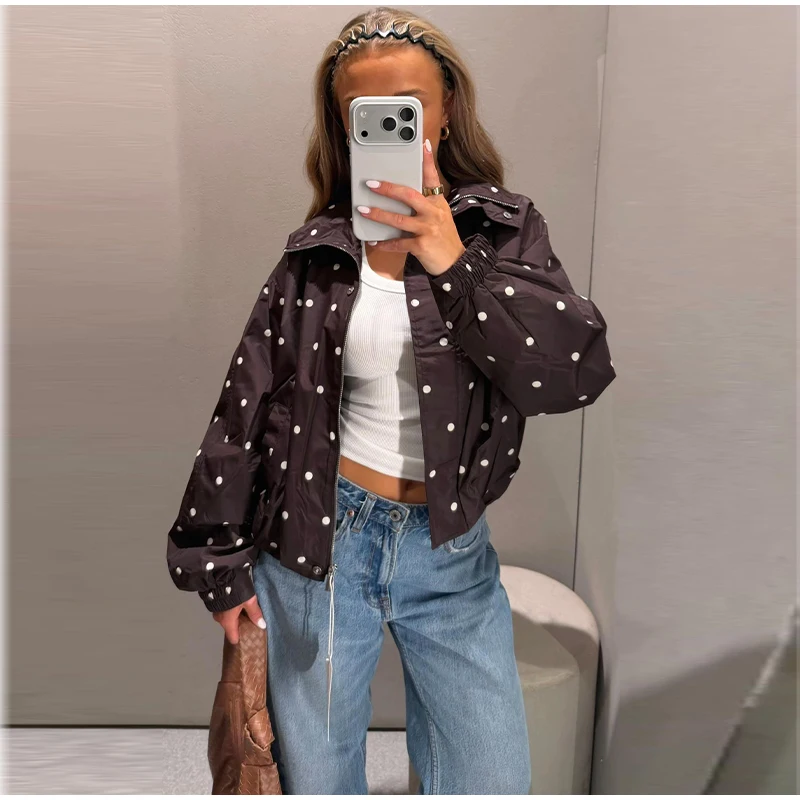 Damen Oversize-Mäntel mit Polka-Dot-Muster, Stehkragen, Langarm, Reißverschluss, Bomberjacken, Herbst, Damen, geraffte, lockere Jacke, neue Oberbekleidung – Detail 8