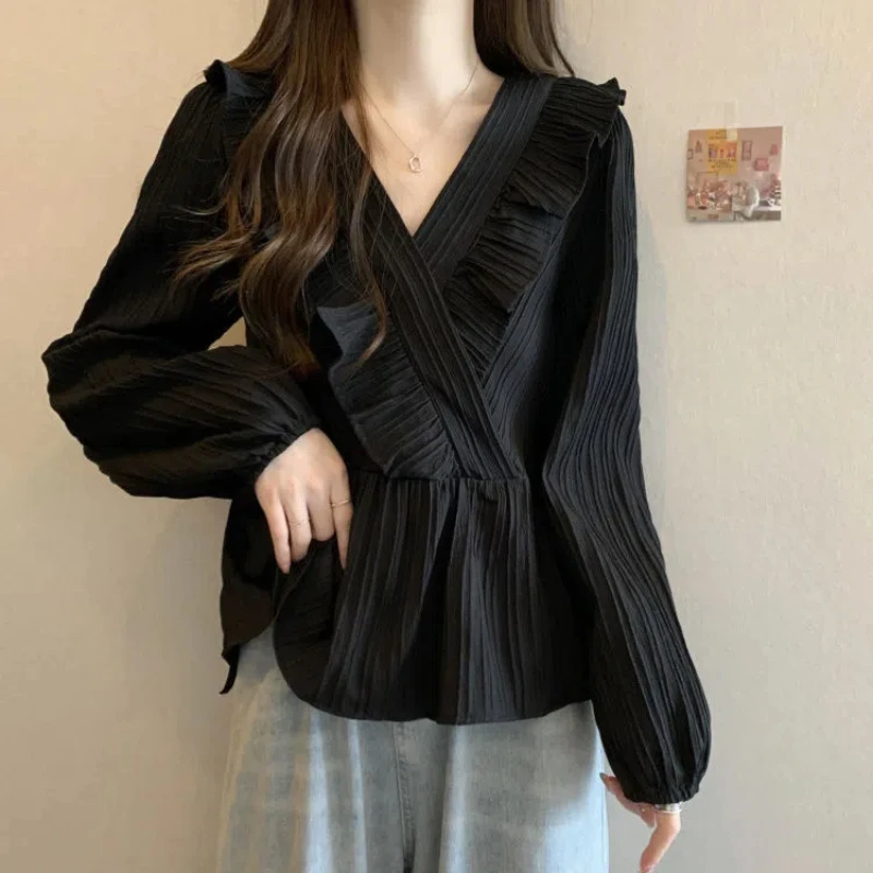 Women Clothing V Neck Ruffles Loose Casual Shirt Tops Spring Autumn New Long Sleeve Pleated Solid Korean Blouse Sweet Fashion