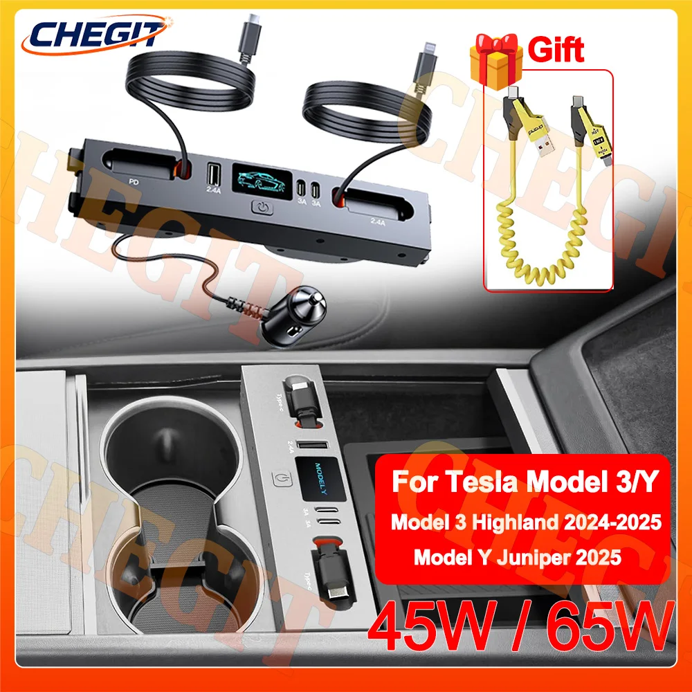 

5-портовое автомобильное USB-зарядное устройство для Tesla Model 3 2024-2025 Y 2025, 65 Вт 45 Вт Центральное управление с выдвижным кабелем для аксессуаров Tesla