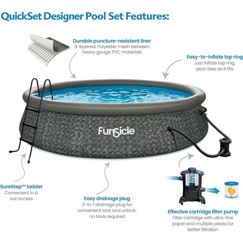 Funsicle 14' x 36" Quickset Swimming Pool Inflatable Above Ground Ring Top Outdoor Pool Set with Filter Pump and Cartridge