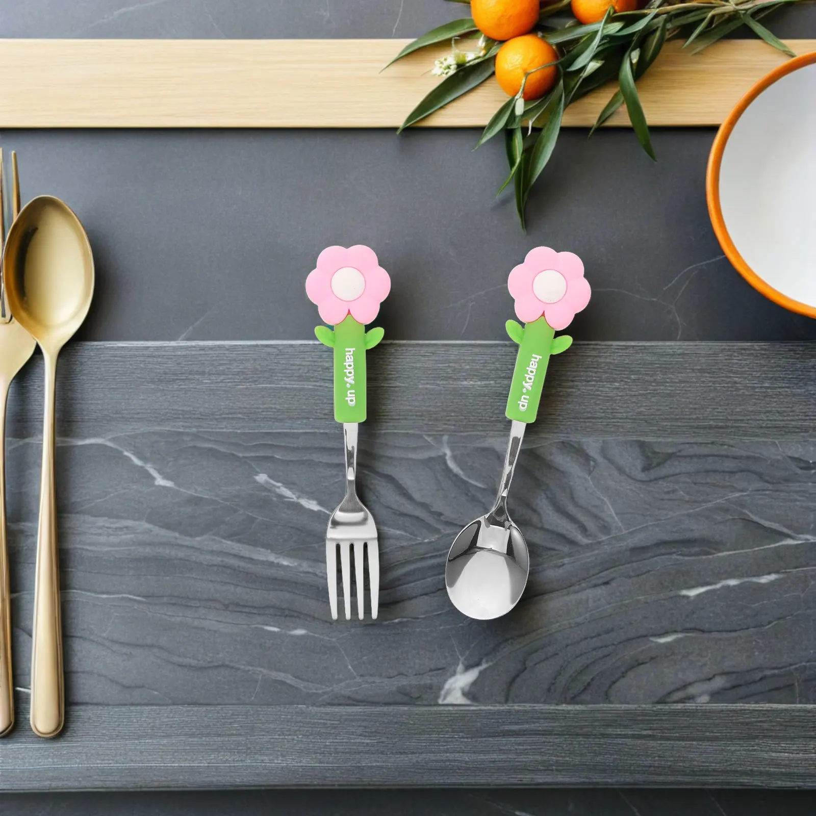 

2Pcs Kids Tableware Set Stainless Steel Sunflower Design Safe Dining Experience Lightweight for Home and Travel Use