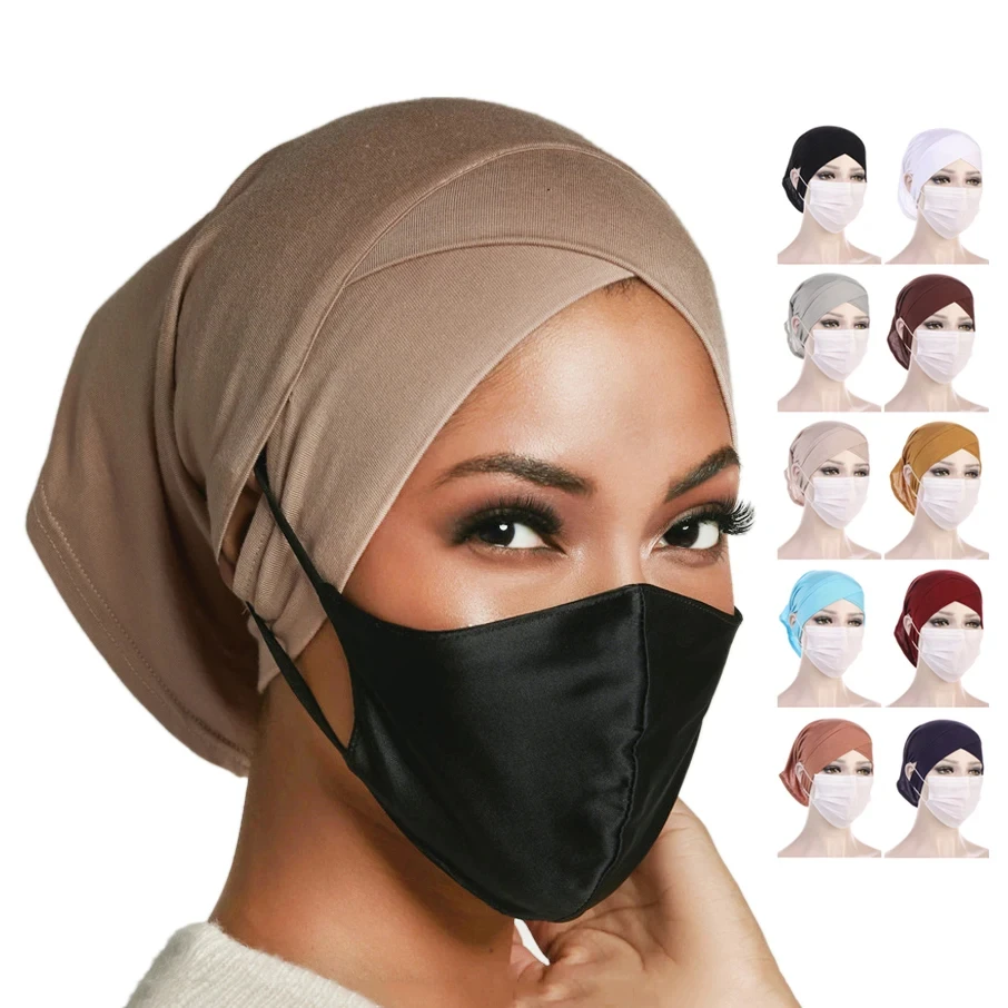 Fashion Women Instant Hijabs Forehead Cross with Ear Piercing Pullover Cap Ethnic Headscarf Bottom Cap Muslim Turban Bandana