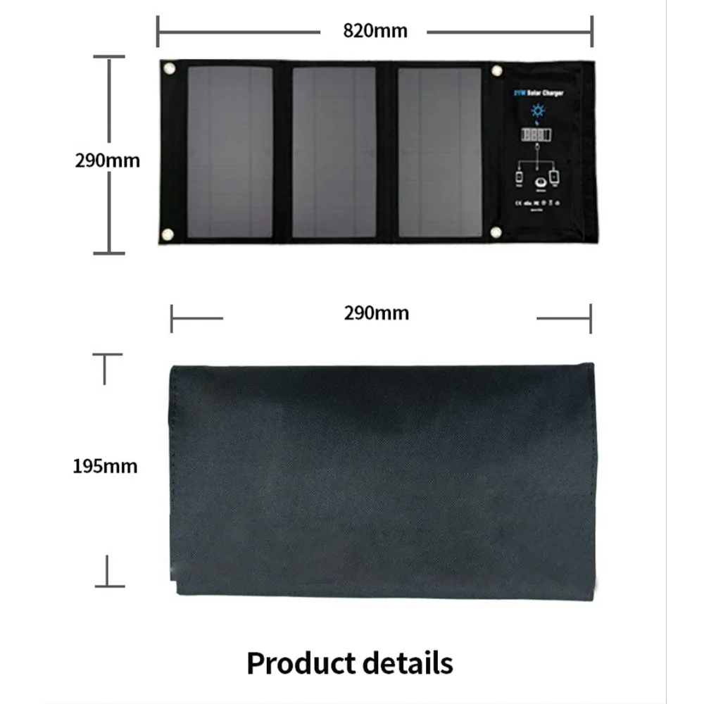 Outdoor Powerful Flexible Solar Panel 5V 21W Foldable Portable USB Solar Charger Power Bank DC 18V For Tourist Motorhomes Boats