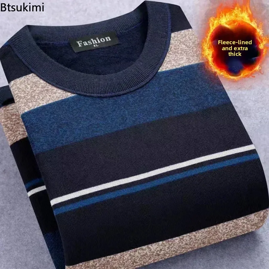 

Новый осенне-зимний теплый свитер, мужской тонкий флисовый свитер с круглым вырезом, термомужская одежда, вязаный полосатый облегающий пуловер, мужской 2024