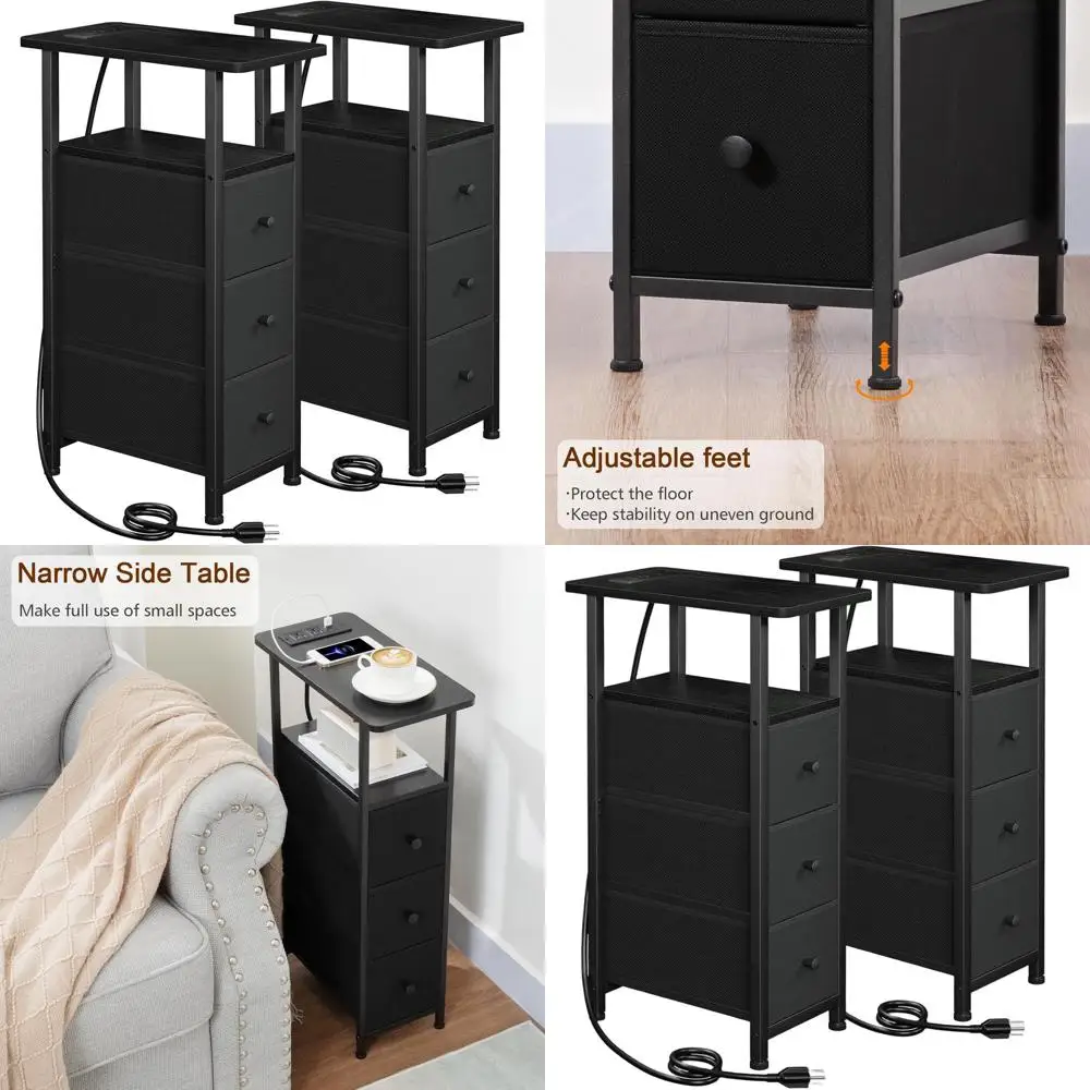 

Charging Station End Tables Set of 2, Fabric Drawer Nightstands, Slim Side Tables for Small Spaces, Living Room & Bedroom, Black