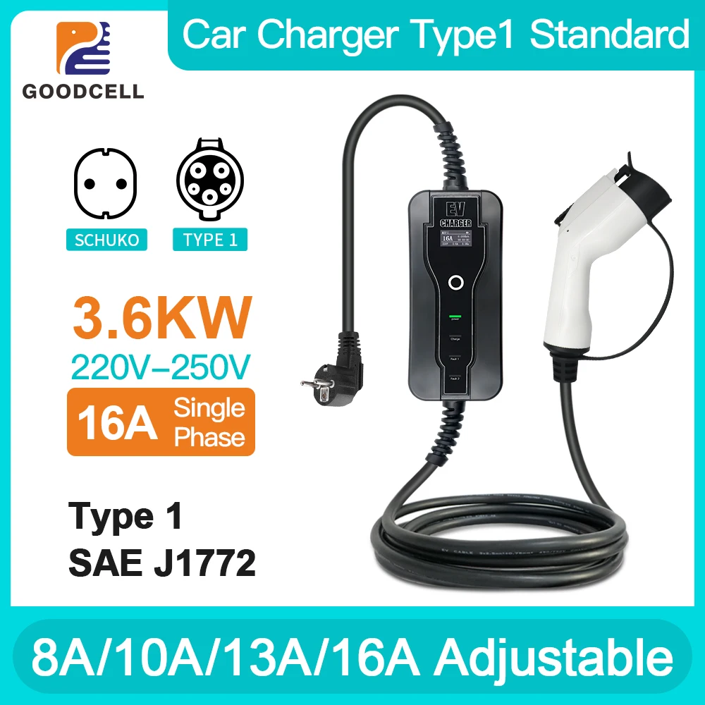 Type1 J1772 Portable Charging Box Type 2 EV charger 3.6KW EVSE Charging EV cable electric vehicle schuko plug 16A 13A 10A 8A