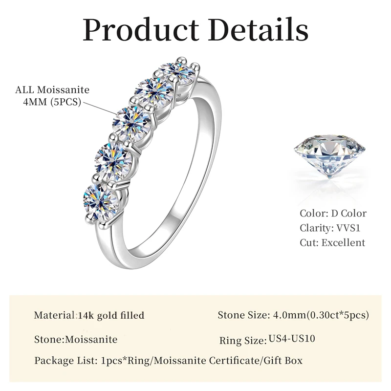 Lnngy zertifizierter Fünf-Stein-Moissanit-Ring mit 4 mm Durchmesser, 14 Karat Gold gefüllt, halbeterneuerungsbeständiger Jubiläumsring für Frauen, Party-Schmuck, Geschenk – Detail 3