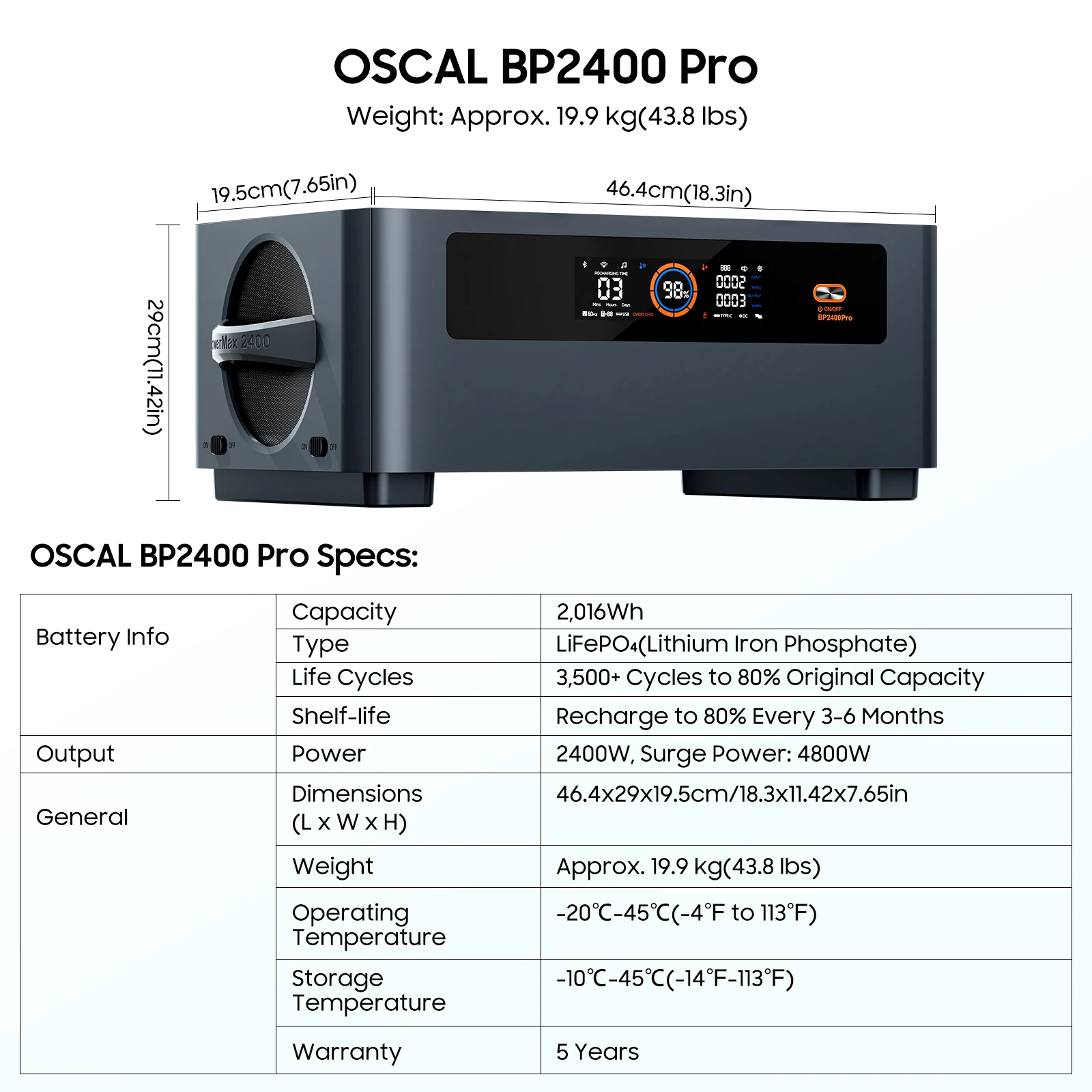 Akumulator Oscal BP2400 Pro do stacji zasilania (nie działa samodzielnie) do PowerMax 2400 pro 2016Wh, domowy akumulator awaryjny do użytku na kempingu, w sytuacjach awaryjnych, w kamperze.