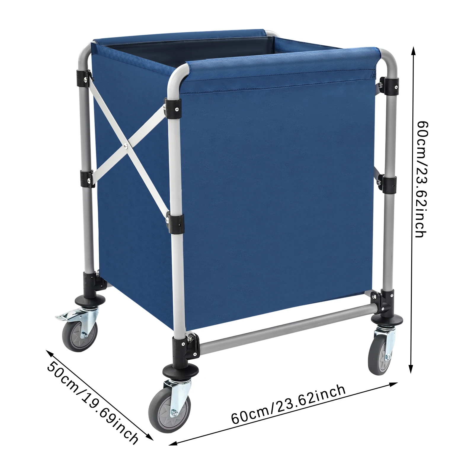 ตะกร้าซักผ้าพับได้โครงเหล็กผ้าอ็อกซ์ฟอร์ดสีน้ำเงิน ขนาด 60*60 ซม. พร้อมล้อเบรก รับน้ำหนักได้ 220 ปอนด์ สำหรับใช้ในเชิงพาณิชย์