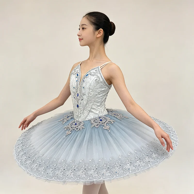 Women jacquard V-neck professional tutu ballet costume silver thread vine sapphire embroidery light ice blue full glitter lace t