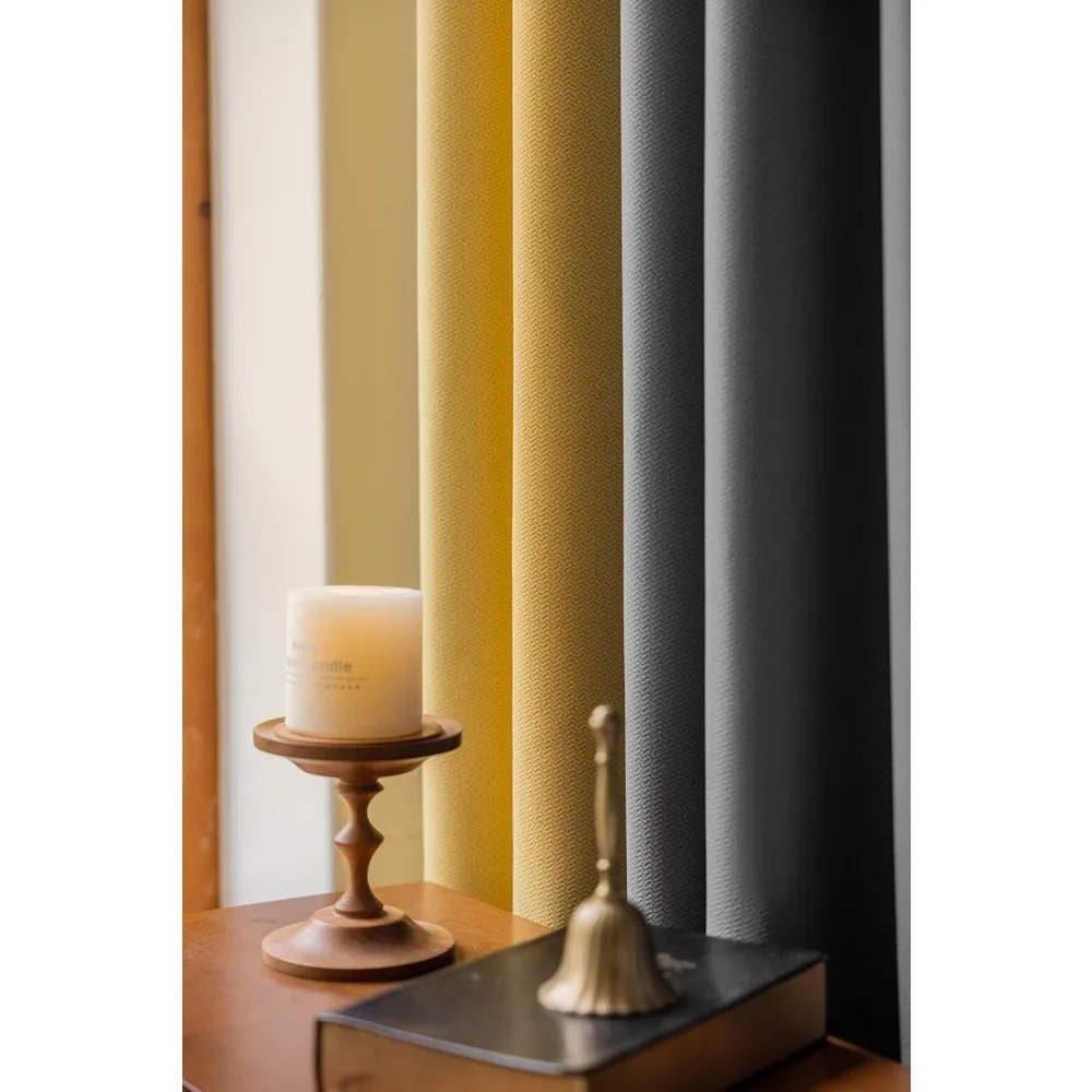 Tende patchwork jacquard giallo grigio scuro in misto cotone poliestere, 54x84 pollici, con occhielli per oscuranti del soggiorno