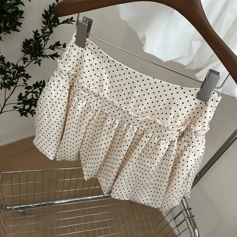 

Women's Summer Polka Dot High Waist A-line Mini Skirt Sweet Ruffle Trim Casual Skirt