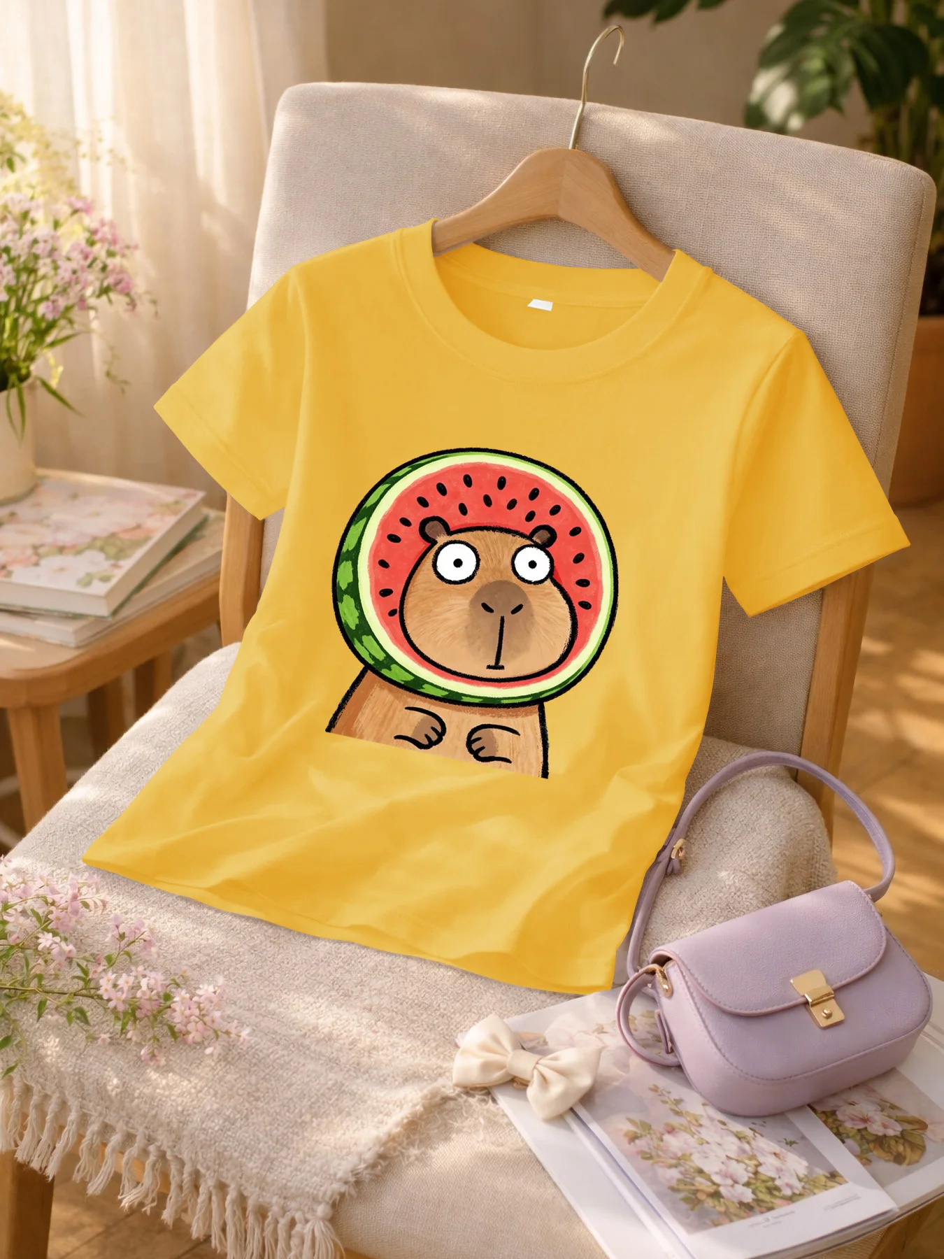 Watermelon Capybara Kids Tee Cartoon Print Boys Girls Family Matching Cotton Summer Short Sleeve Basic Children Tshirt