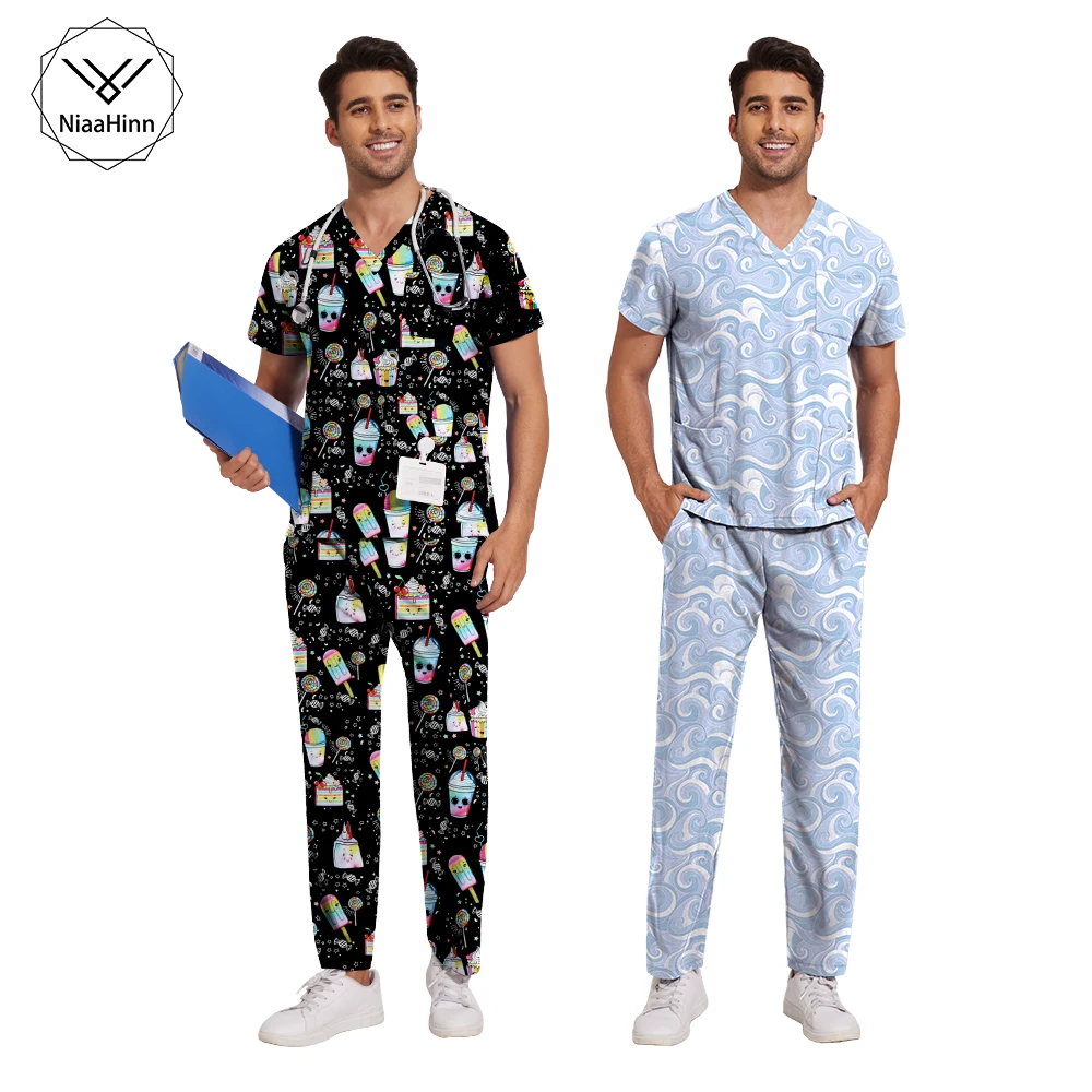 Niaahinn Printed Scrub Set Print Nurse Scrubs High-quality Nursing Uniform Hospital Scrub Top and Pants Stretchy Workwear Unisex