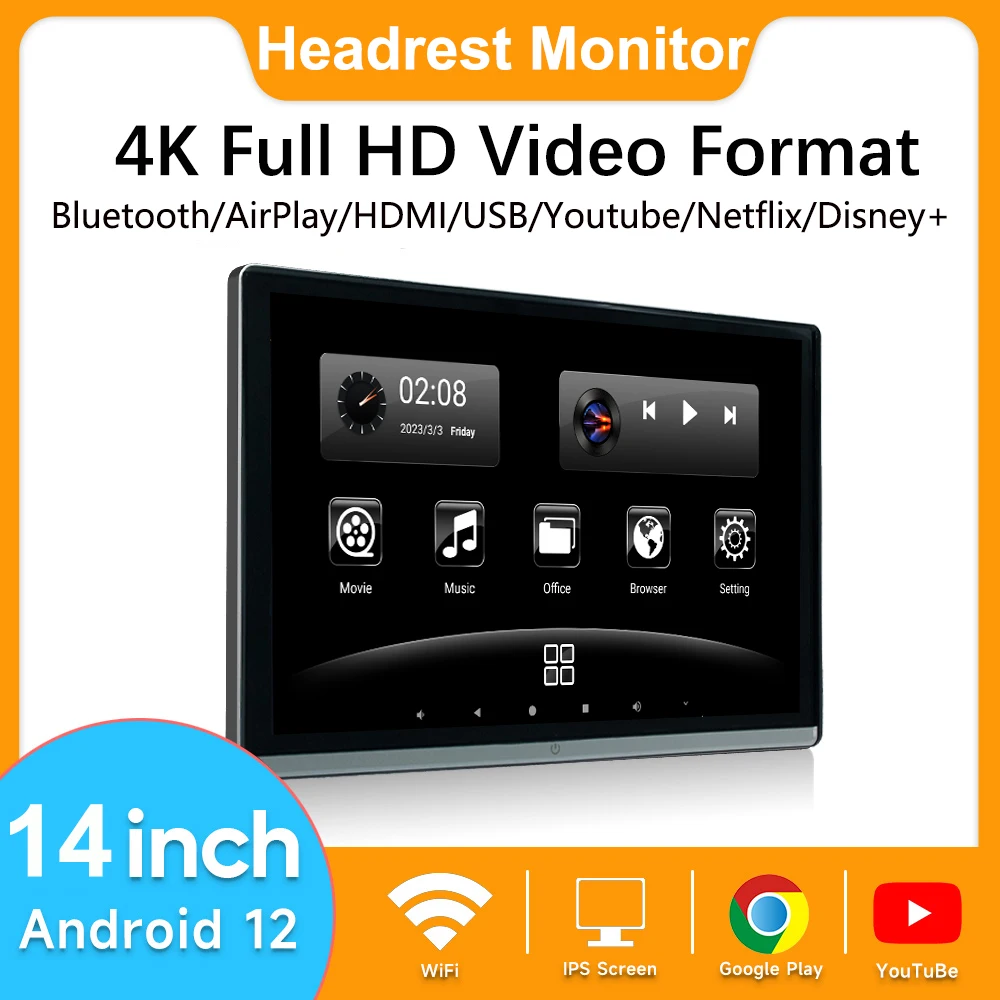 13.3/14‘’ Headrest Monitor Display IPS Android 12 2G+32G/4G+64G/8G+128G Tablet Touch Screen For Car Rear Seat Player Video HDMI